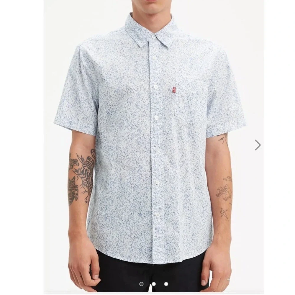 Levis Mens XXL Short Sleeve Classic One Pocket Shirt Blue White Speckled Print‎